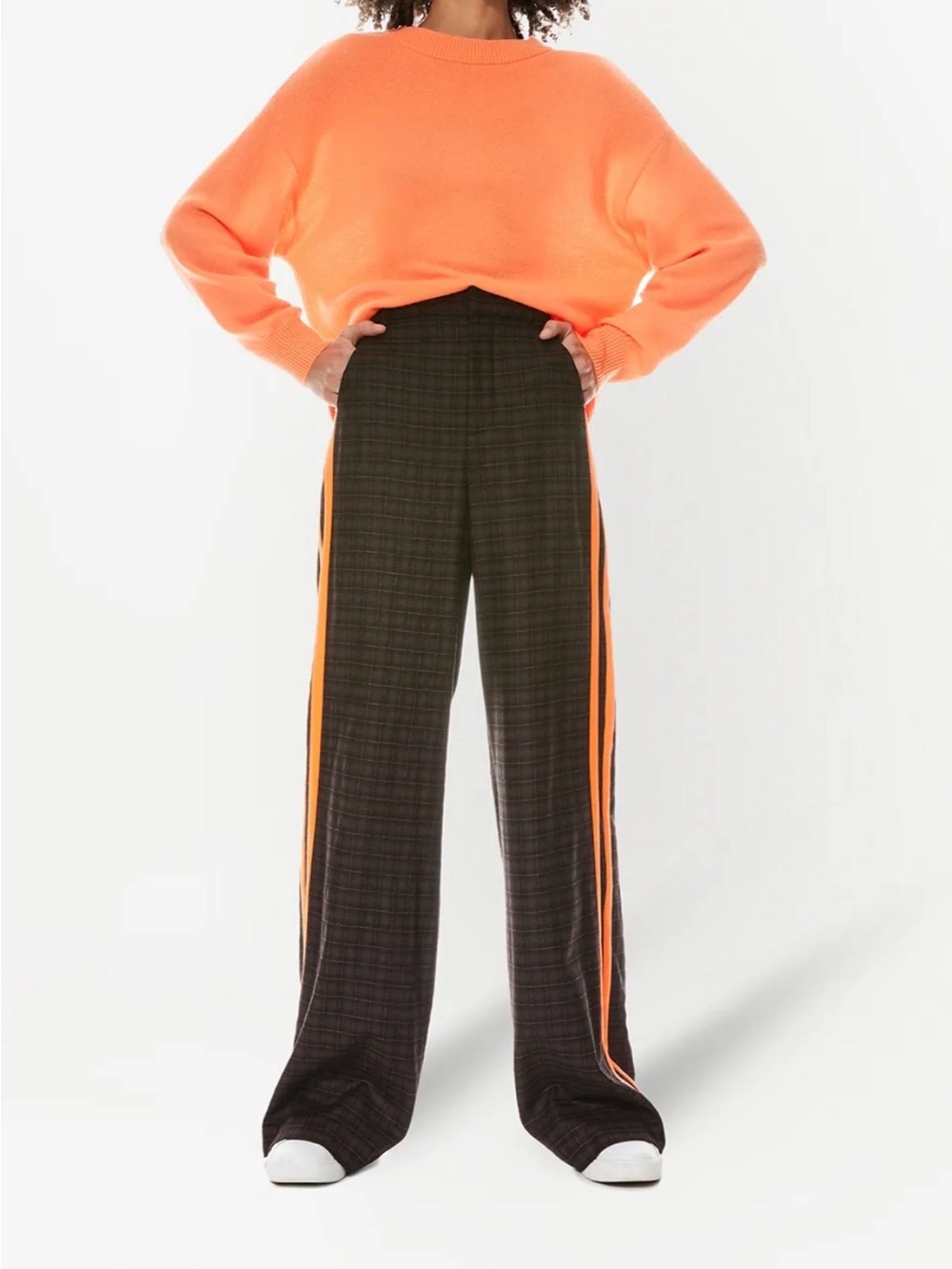 Alice and Olivia Wide-Leg Plaid Pants with Orange Side Stripes